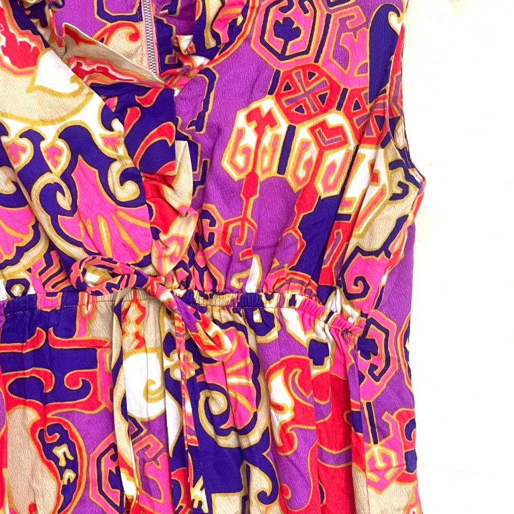 Vintage 60s mini dress Psychedelic Abstract Ruffle Neck Empire Waist Purple Pink - Picture 2 of 13